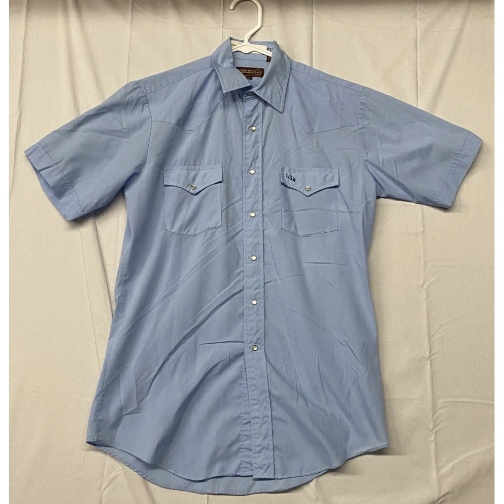 Vintage Sheplers Western Shirt Mens S-15.5 Blue Short Sleeve Snap Front Cowboy